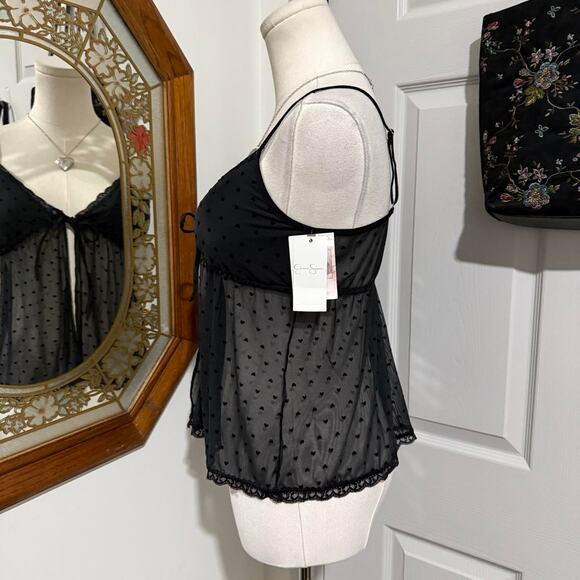 NWT Jessica Simpson Black Heart Sheer Mesh Lace Trim Open Tie Front Cami Top M - Picture 3 of 7